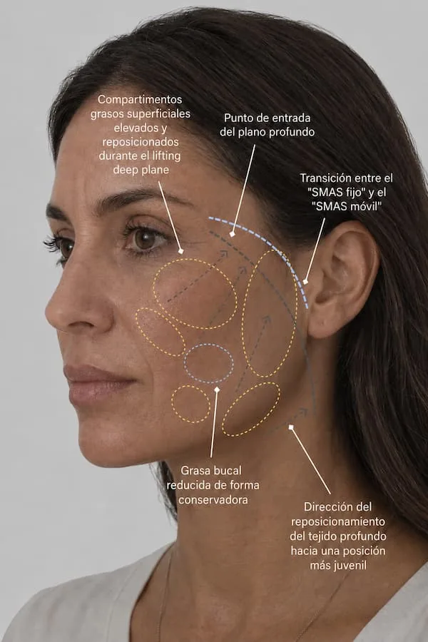 Esquema del lifting facial deep plane: zonas del rostro y dirección en la que se reposicionan los tejidos profundos